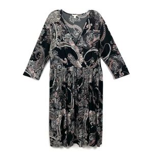 EST. 1946 black Paisley print pleated waist quarter sleeve Midi Dress